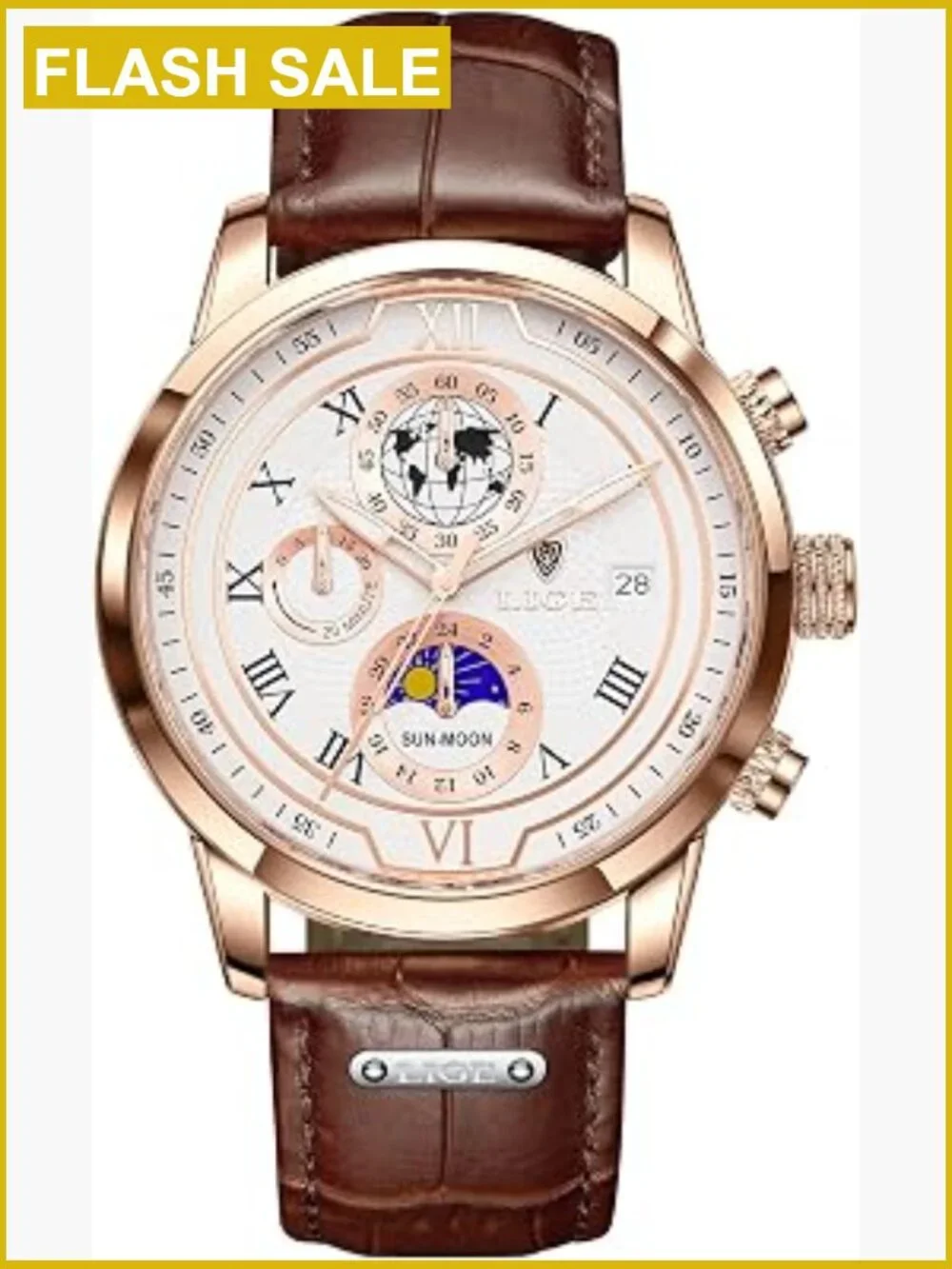 Men's Chronograph Leather Strap Watch Water Resistant Quartz Skeleton Dial